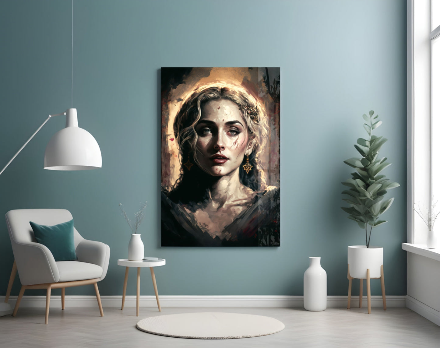 Portrait glass wall art depicting a woman with golden halo and earrings displayed in modern interior with turquoise walls.