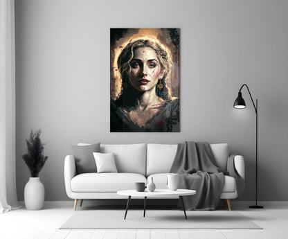 Madonna glass wall art depicting a woman with golden halo and dark wavy hair displayed above white sofa in modern living room.