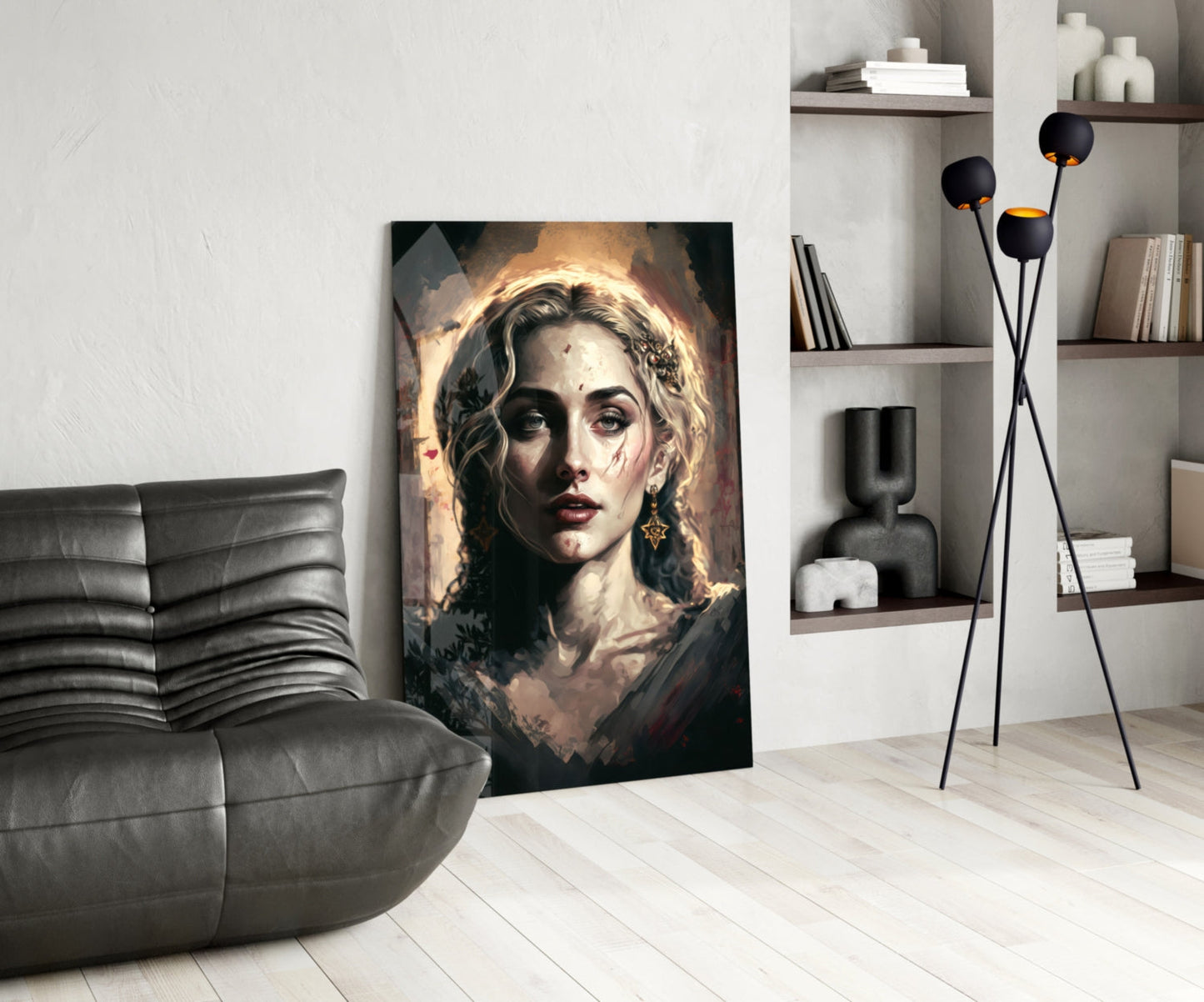 Modern living room featuring a portrait glass wall art of a woman with golden halo and dramatic lighting displayed on white wall.