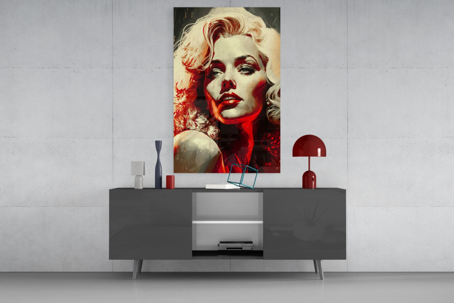 Red Glow Blonde Diva Glass Wall Art