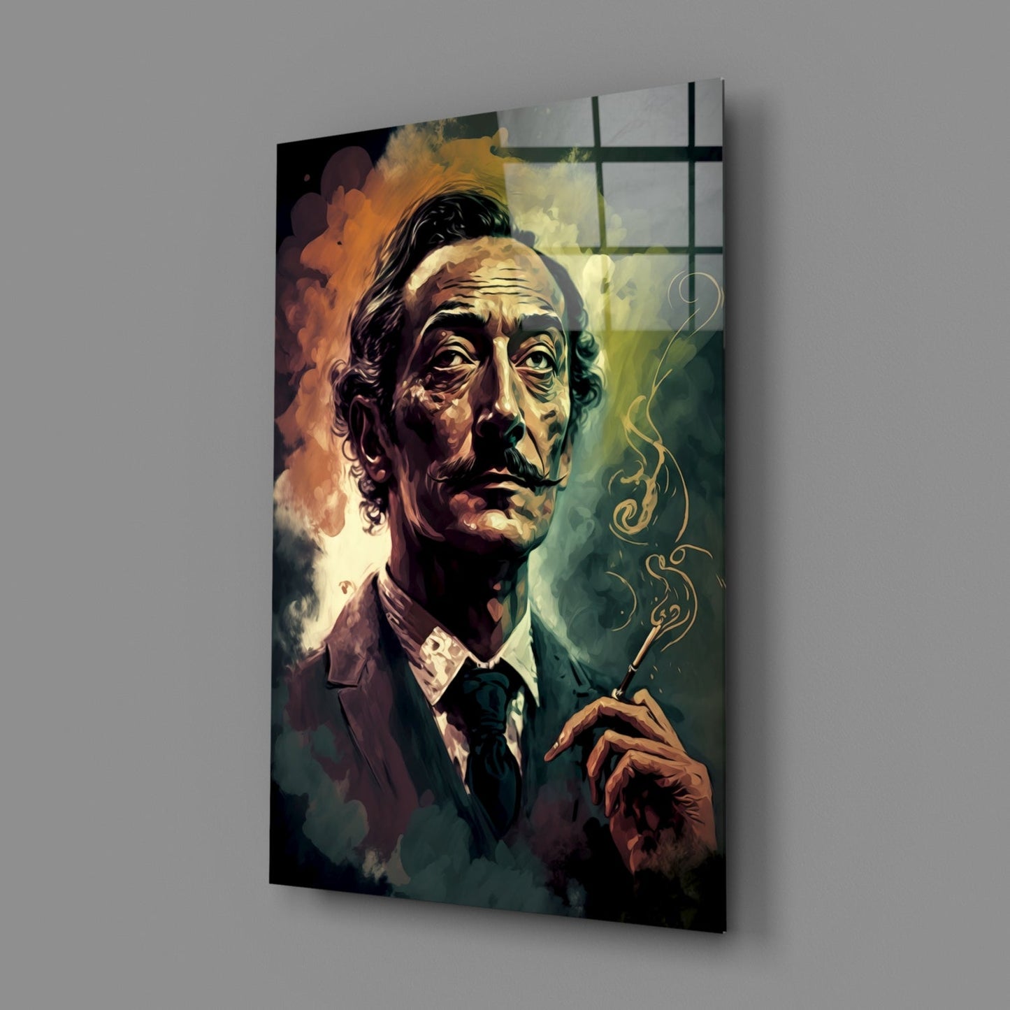 Mustached Man With Golden Smoke Swirl Glass Wall Art
