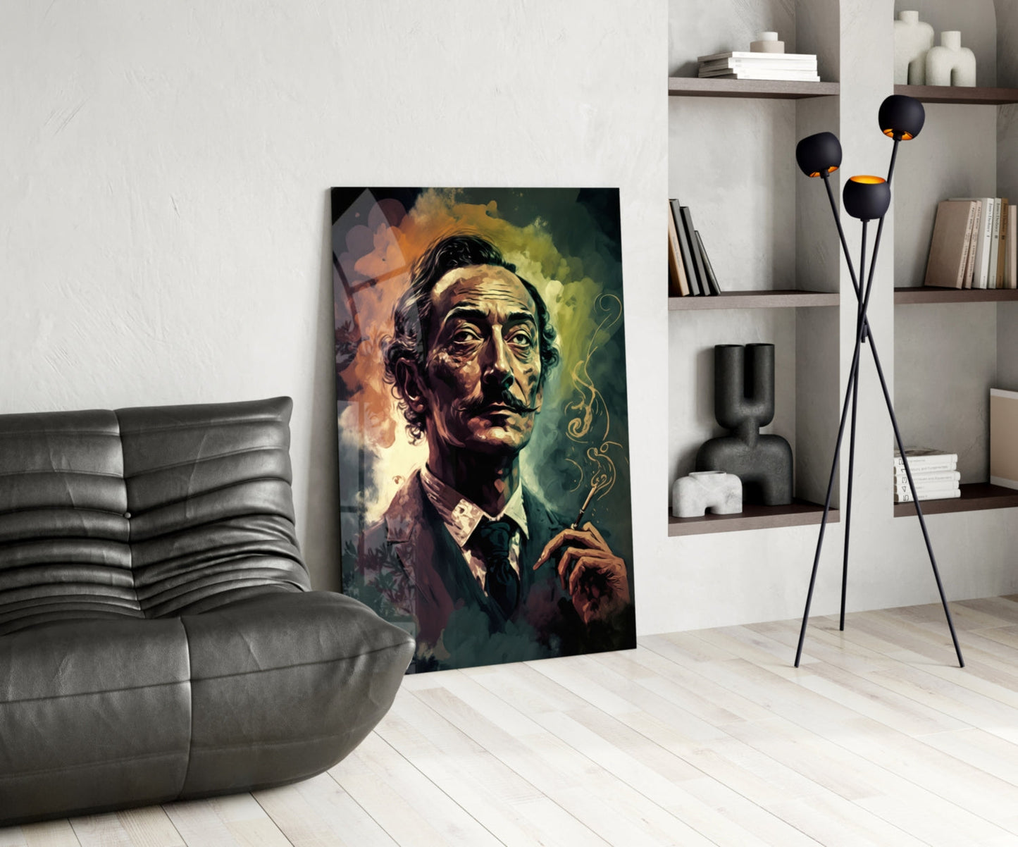 Mustached Man With Golden Smoke Swirl Glass Wall Art