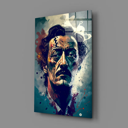 Wild Haired Surreal Man Teal Splatter Glass Wall Art
