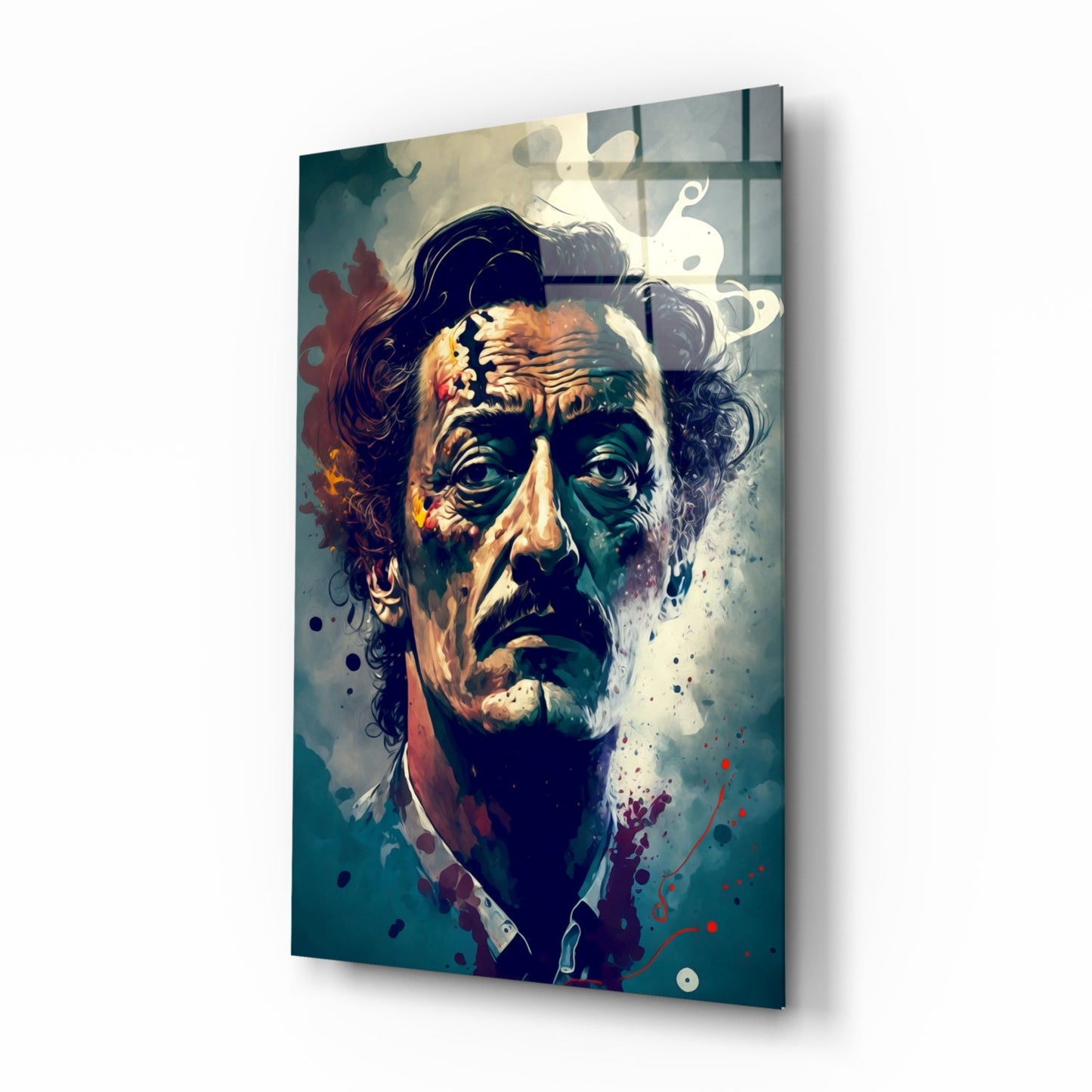 Wild Haired Surreal Man Teal Splatter Glass Wall Art