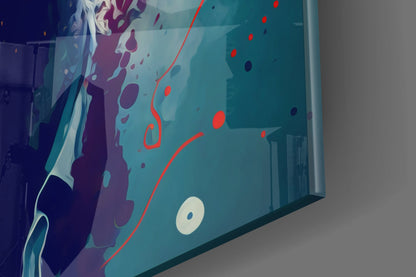 Wild Haired Surreal Man Teal Splatter Glass Wall Art