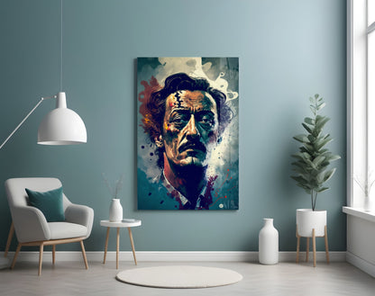 Wild Haired Surreal Man Teal Splatter Glass Wall Art