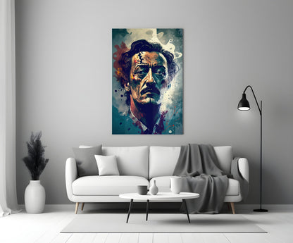 Wild Haired Surreal Man Teal Splatter Glass Wall Art