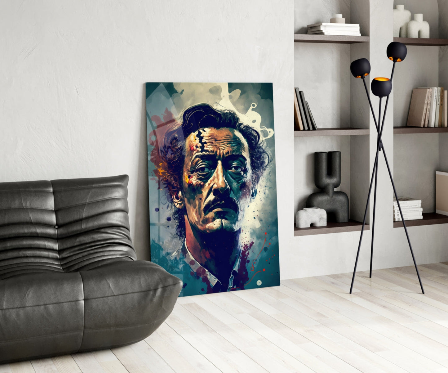 Wild Haired Surreal Man Teal Splatter Glass Wall Art