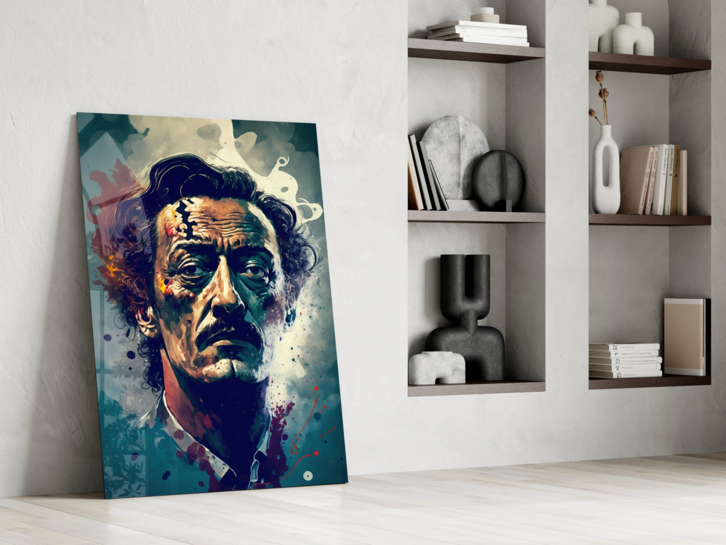 Wild Haired Surreal Man Teal Splatter Glass Wall Art