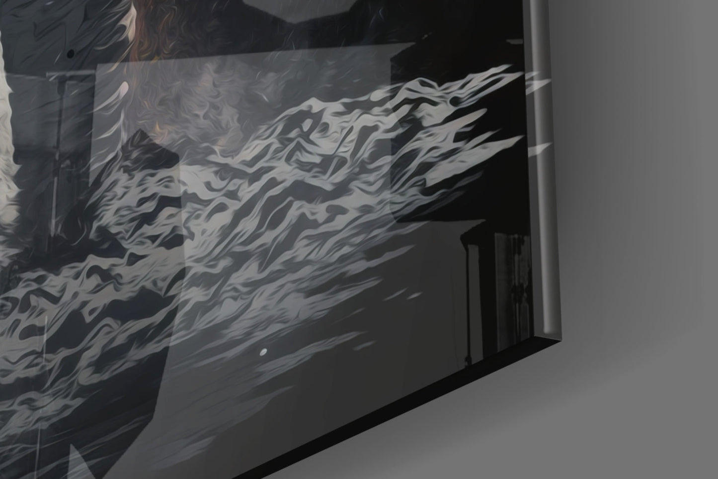 Angled view of frosted glass wall art featuring an astronaut figure in grayscale, mounted on white wall surface.