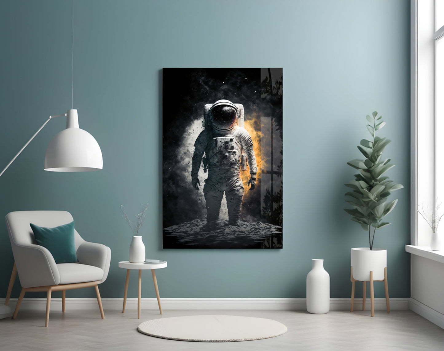 Astronaut glass wall art hanging in modern room with teal walls, white furniture, and potted plants, displaying a spaceman in dramatic black and gold lighting.