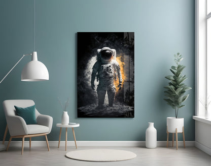 Astronaut glass wall art hanging in modern room with teal walls, white furniture, and potted plants, displaying a spaceman in dramatic black and gold lighting.