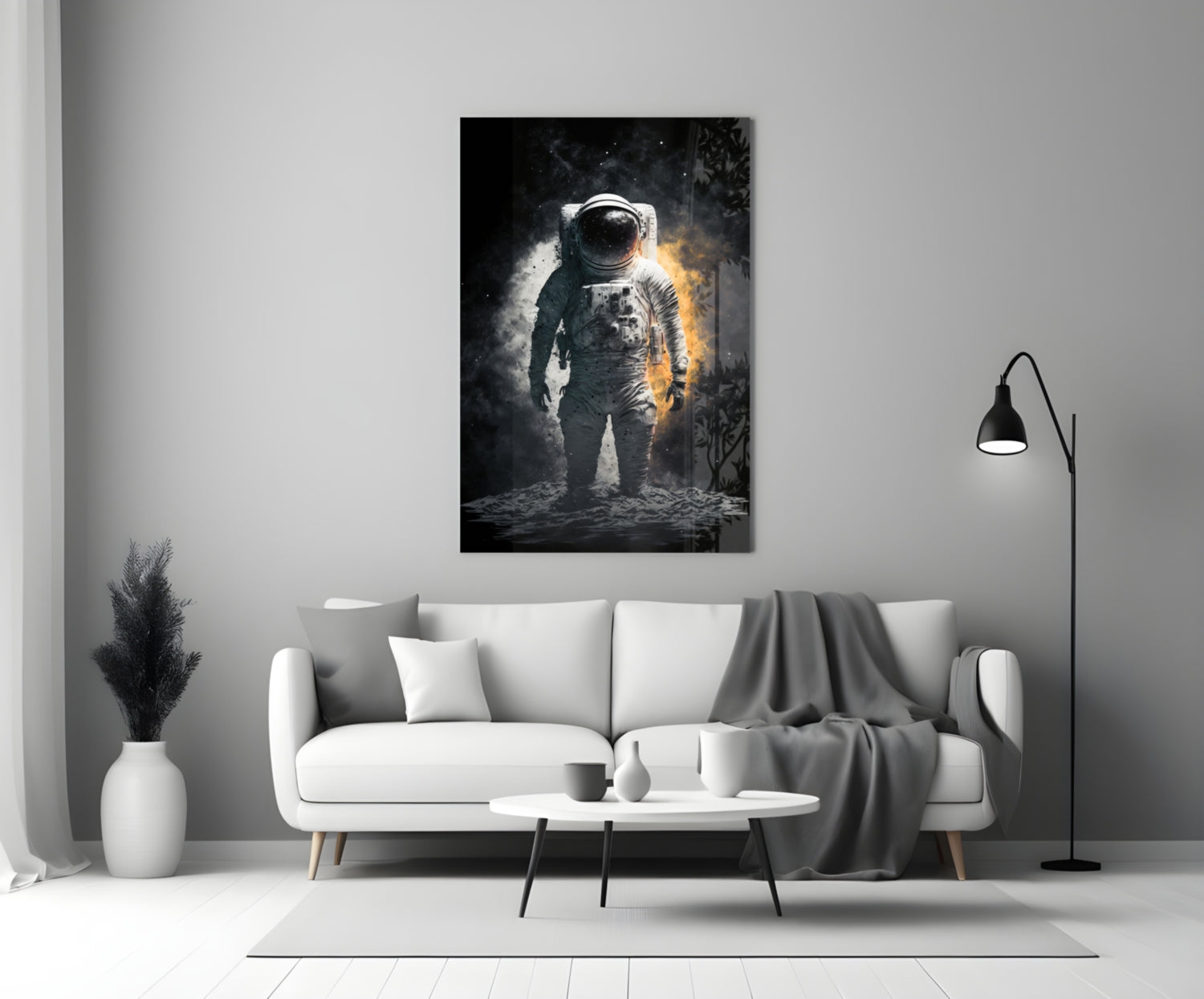 Astronaut glass wall art hanging above a white sofa in a minimalist living room interior with dramatic lighting effects.
