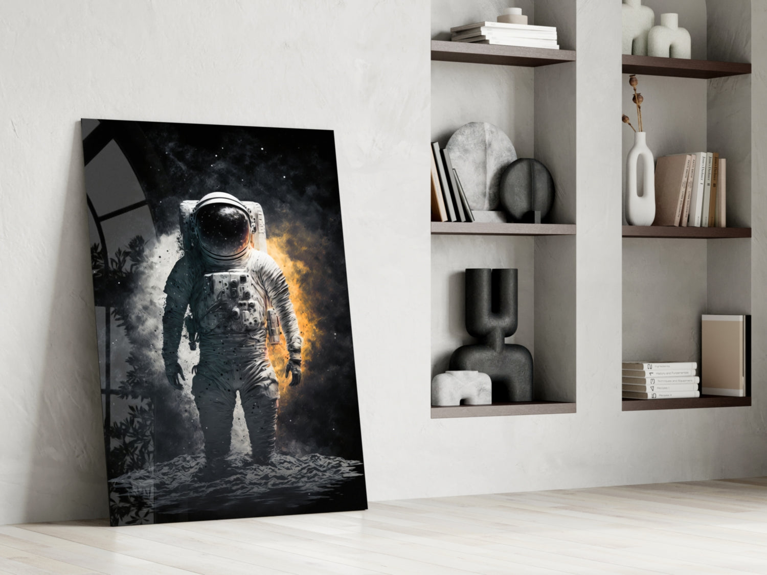 Black glass panel leaning against white wall displays dramatic astronaut in spacesuit with golden and white lighting effects against dark background.