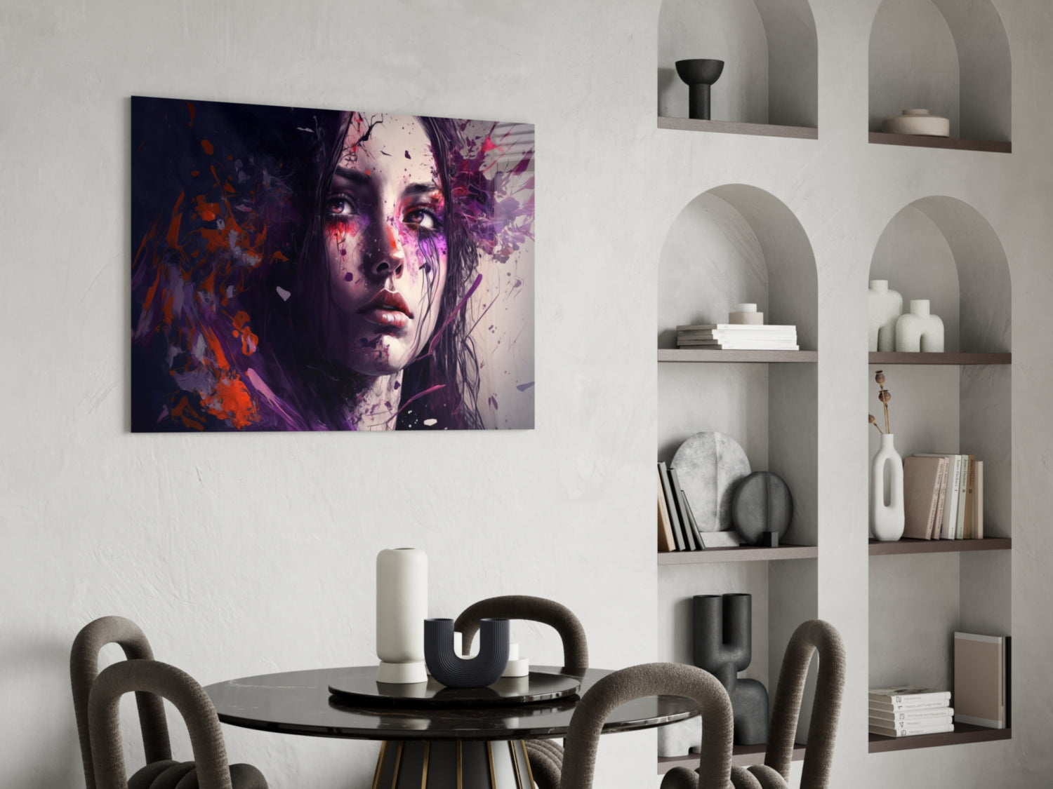 Purple and orange abstract portrait glass wall art displayed above a black dining table in a modern interior with built-in shelving.