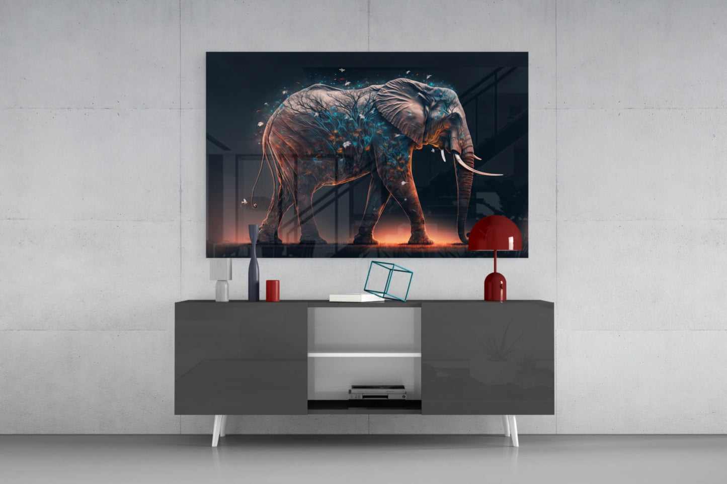 Blue Blossom Branch Walking Elephant Glass Wall Art