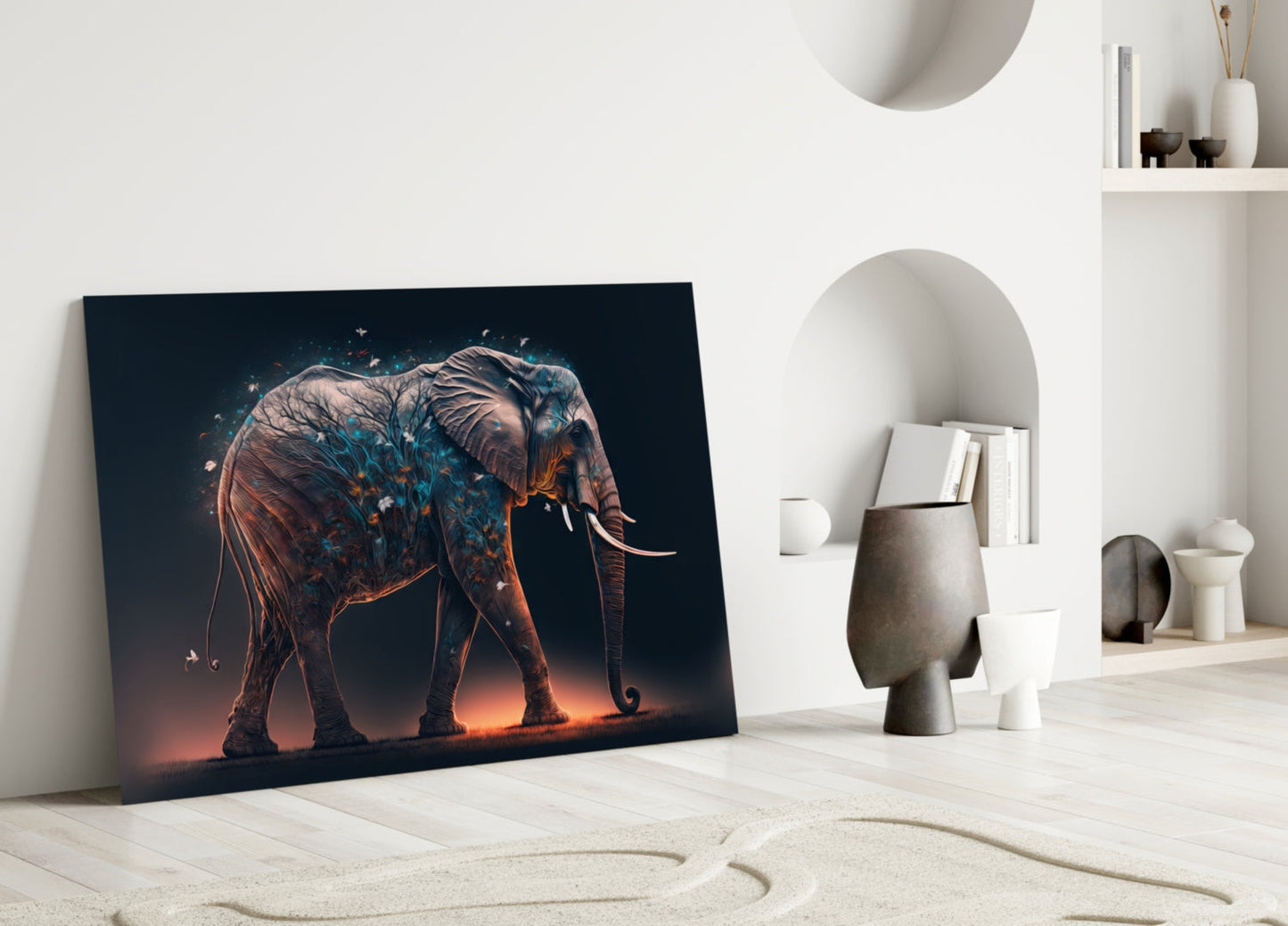 Blue Blossom Branch Walking Elephant Glass Wall Art