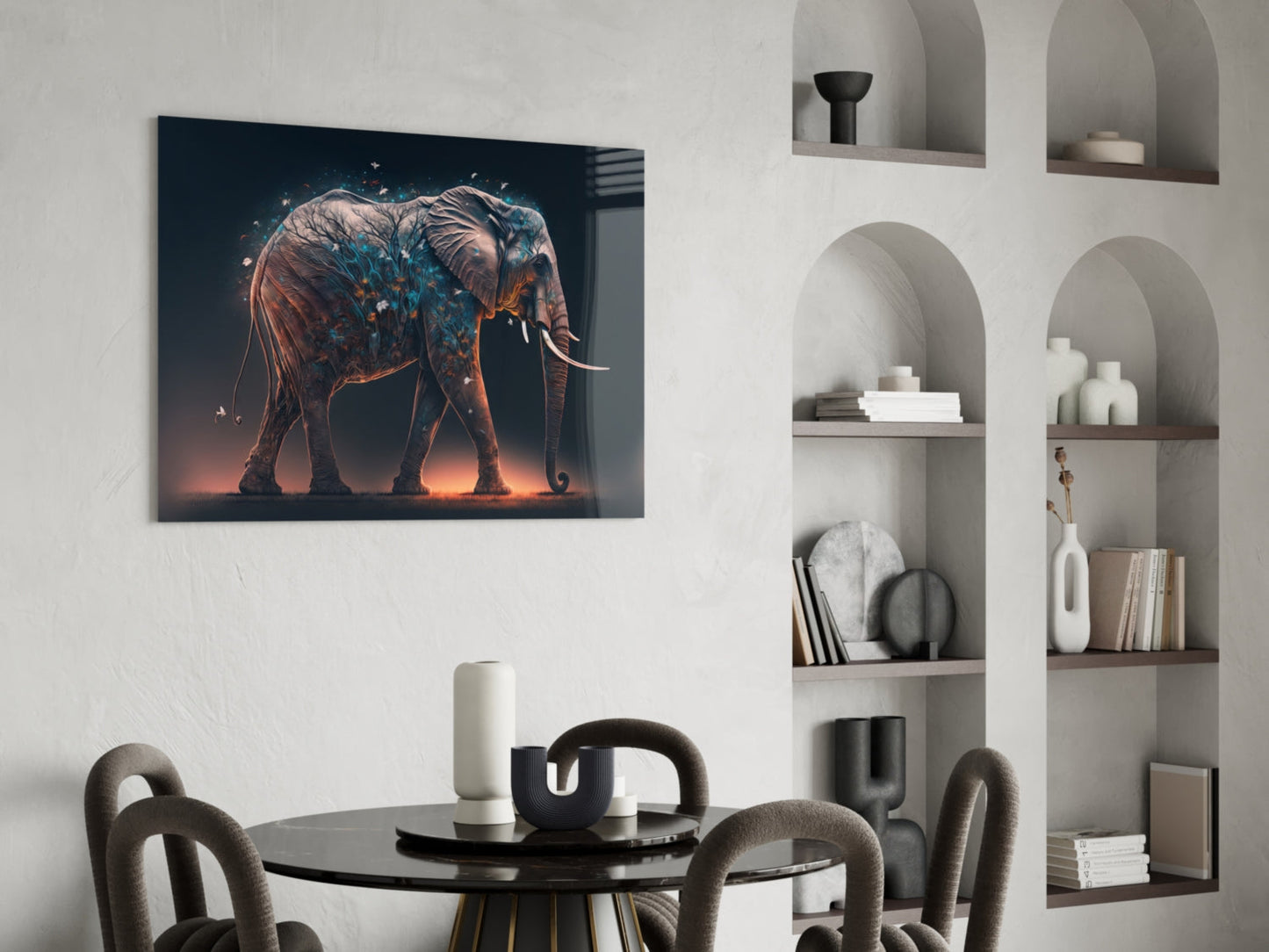 Blue Blossom Branch Walking Elephant Glass Wall Art