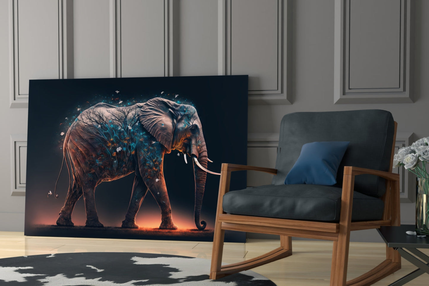 Blue Blossom Branch Walking Elephant Glass Wall Art