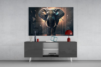 Front Facing Tusker Elephant In Mist Glass Wall Art