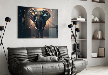 Front Facing Tusker Elephant In Mist Glass Wall Art
