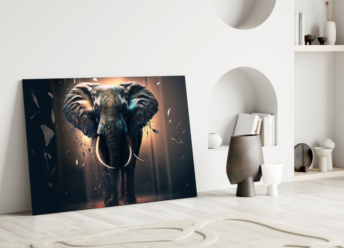 Front Facing Tusker Elephant In Mist Glass Wall Art