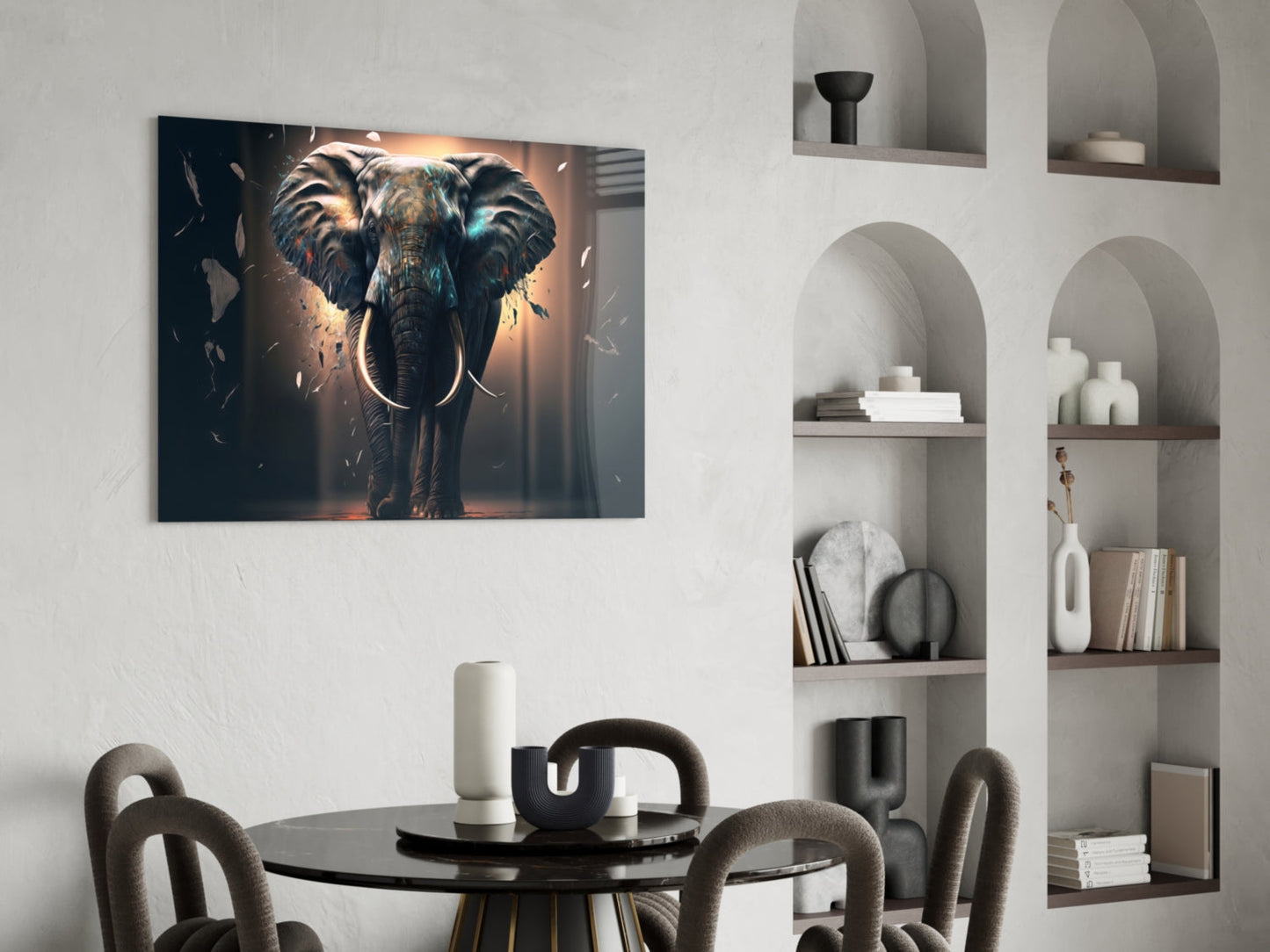 Front Facing Tusker Elephant In Mist Glass Wall Art