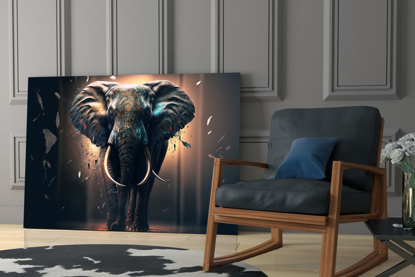 Front Facing Tusker Elephant In Mist Glass Wall Art