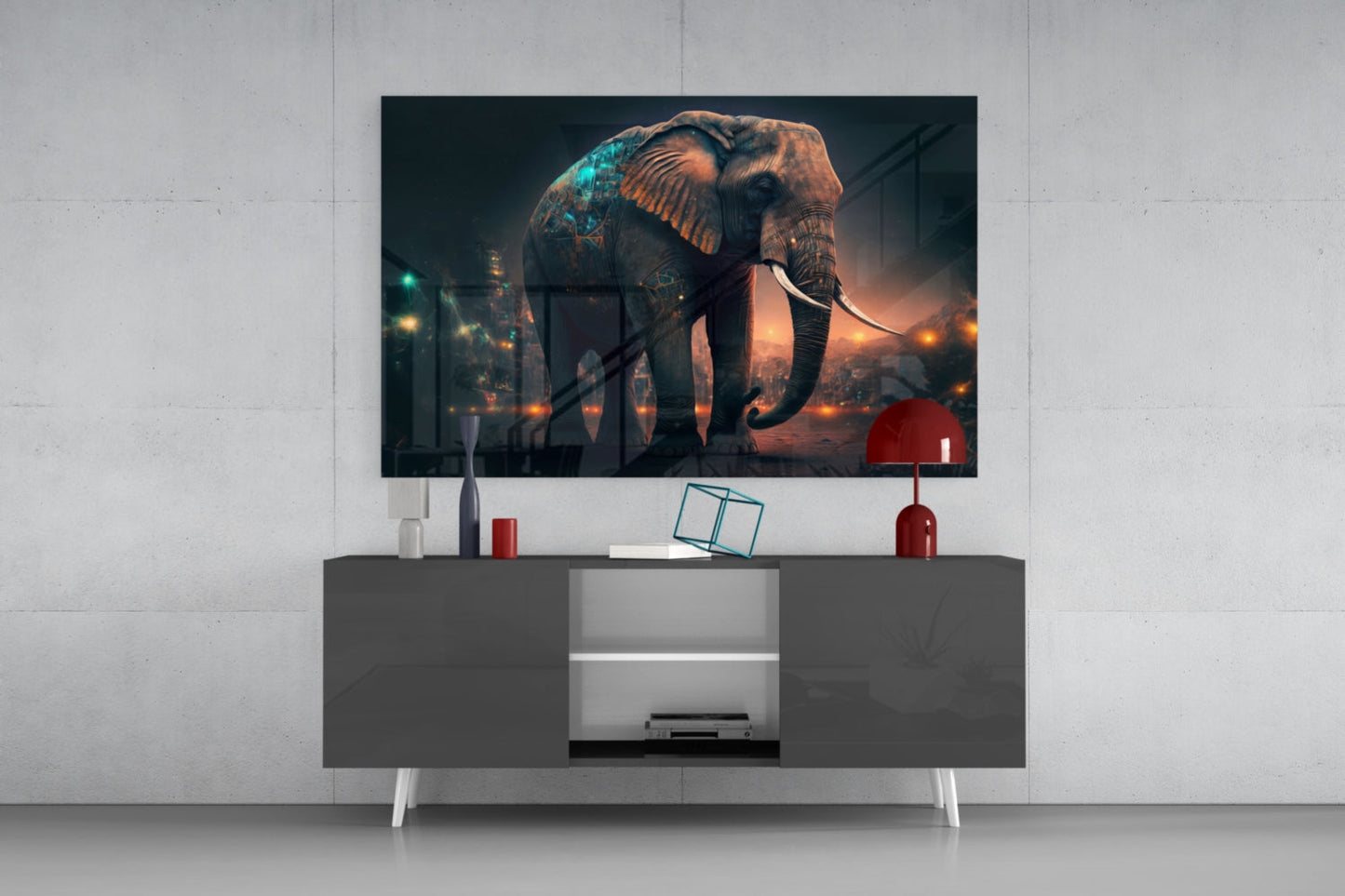 Glowing Ember City Night Elephant Glass Wall Art