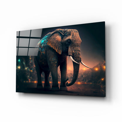Glowing Ember City Night Elephant Glass Wall Art