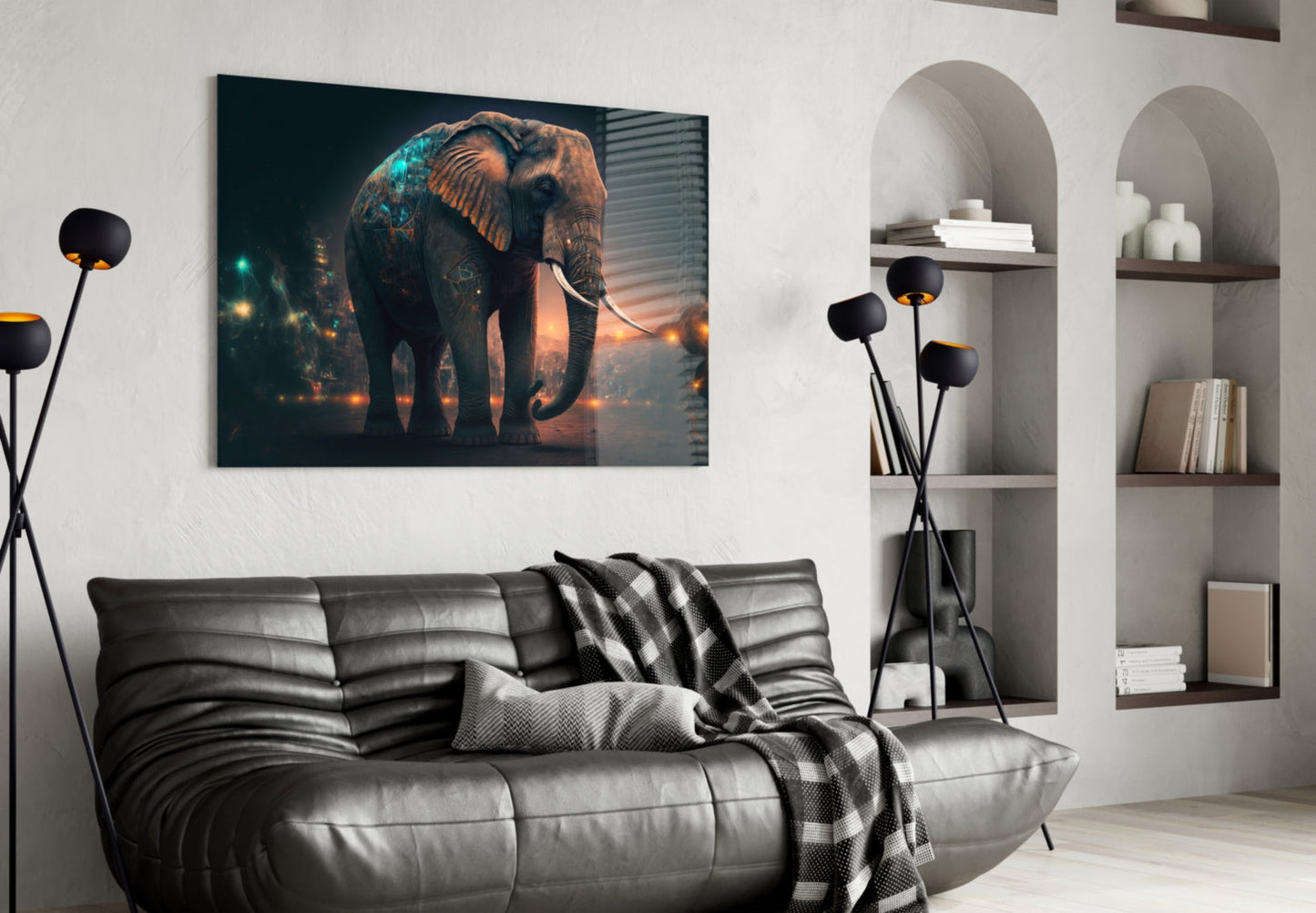 Glowing Ember City Night Elephant Glass Wall Art