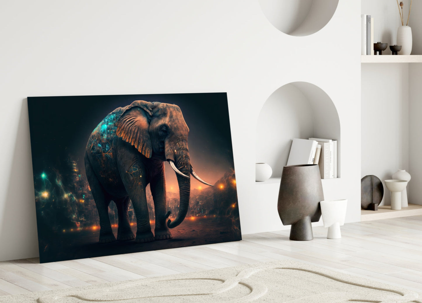 Glowing Ember City Night Elephant Glass Wall Art