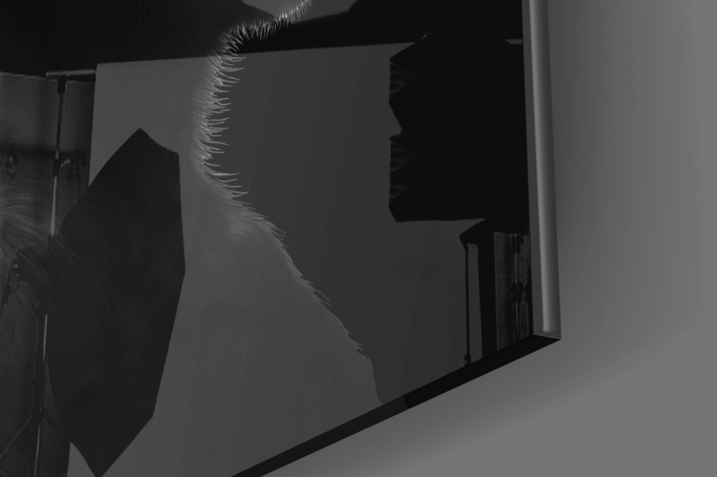 Silhouette view of chrome glass wall art featuring three monkeys in profile against backlit panel, showing reflective metallic surface detail.