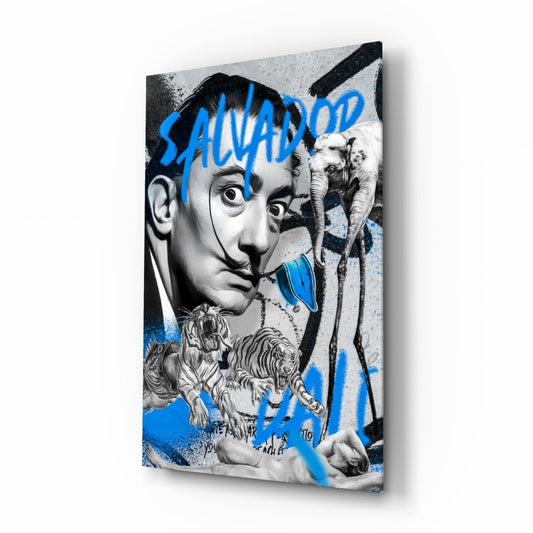 Glass wall art featuring surreal black and white imagery with blue graffiti text "SALVADO," depicting a stylized face, elephants, and tigers in an angled perspective view.
