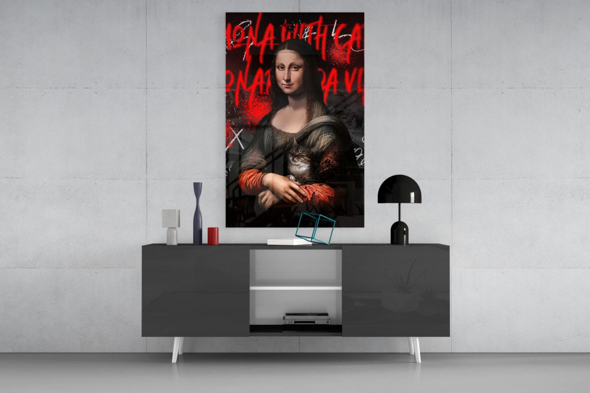 Modern living room display with Mona Lisa cat lover glass art mounted above dark sideboard with decorative accessories.