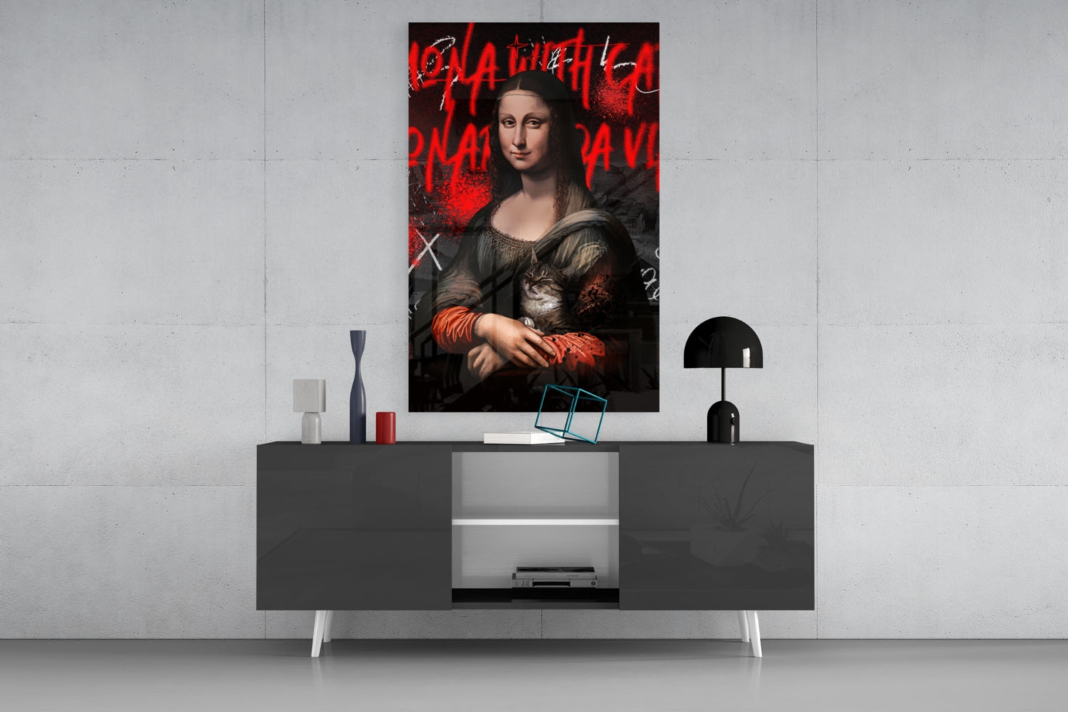 Modern living room display with Mona Lisa cat lover glass art mounted above dark sideboard with decorative accessories.