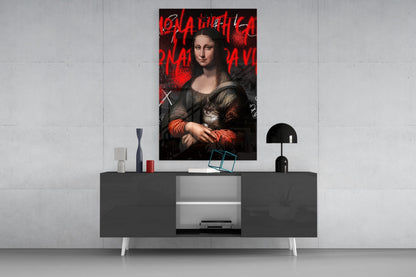 Modern living room display with Mona Lisa cat lover glass art mounted above dark sideboard with decorative accessories.