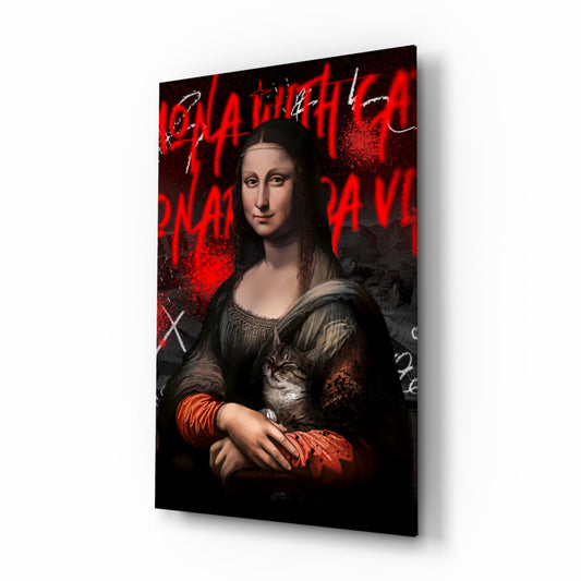 Modern glass wall art featuring Mona Lisa holding a cat with red neon graffiti text on dark background, angled three-quarter view.