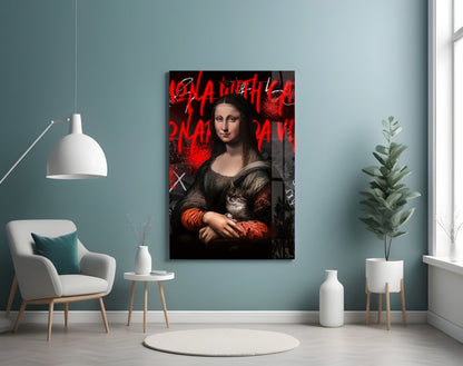 Modern living room with Mona Lisa glass wall art featuring red graffiti text and brushstrokes displayed above white chair.