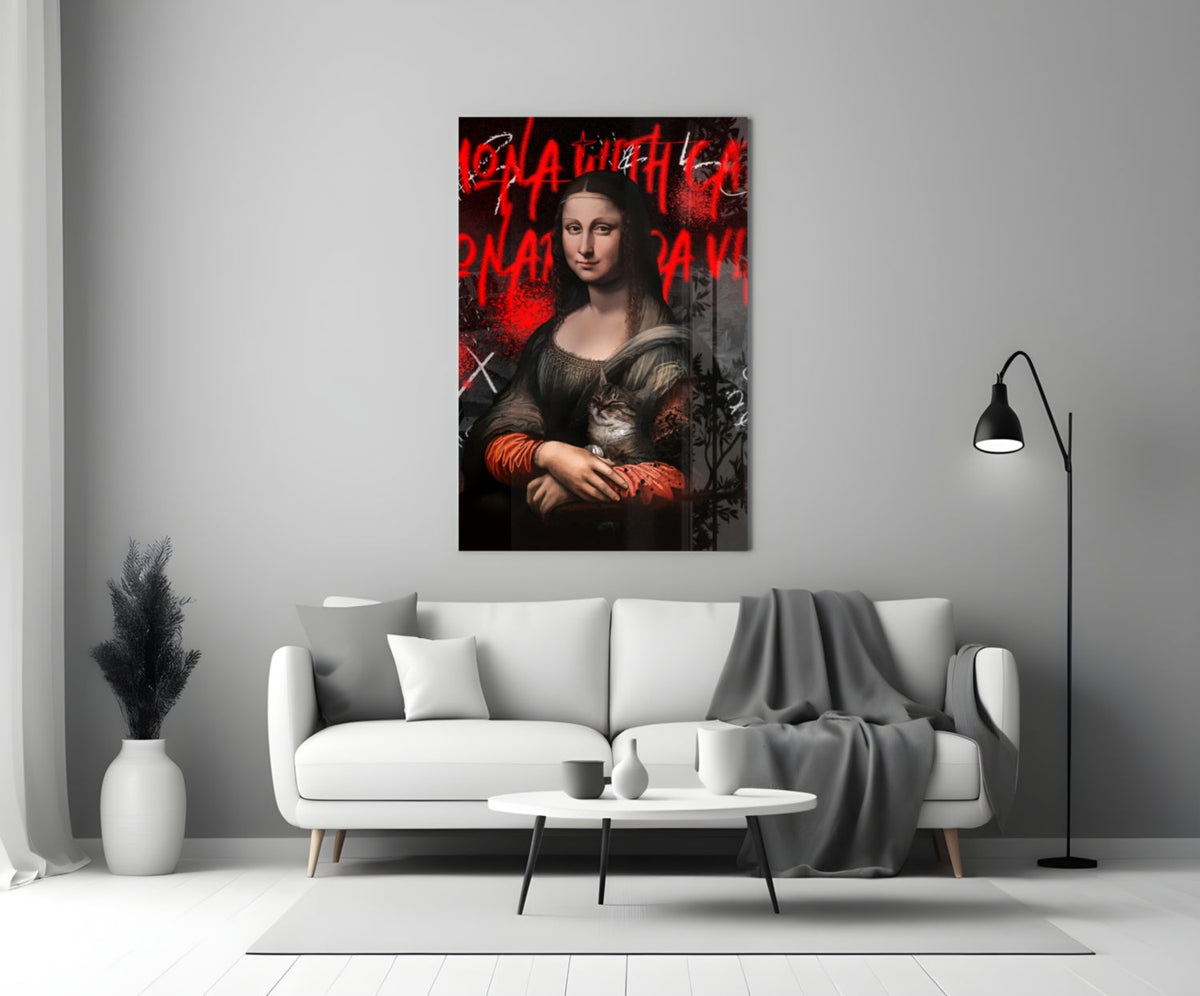 Modern living room with white sofa displaying red and black Mona Lisa cat lover glass wall art above.