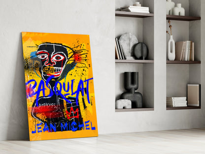 Yellow Tribal Mask Graffiti Glass Wall Art