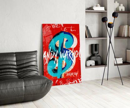 Turquoise Dollar Sign on Red Glass Wall Art