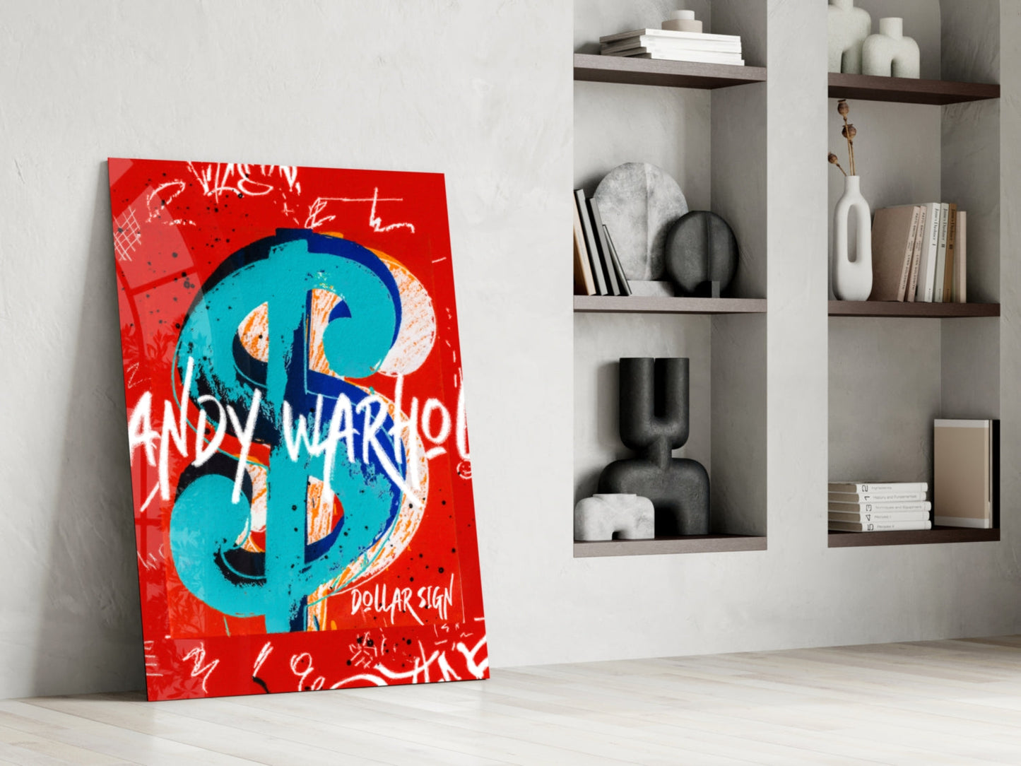 Turquoise Dollar Sign on Red Glass Wall Art