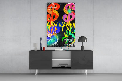 Neon Dollar Signs Grid Black Glass Wall Art