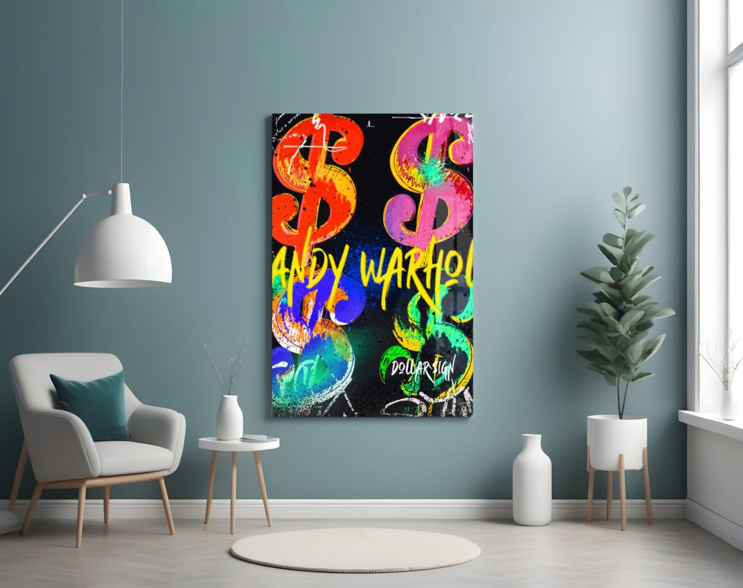 Neon Dollar Signs Grid Black Glass Wall Art