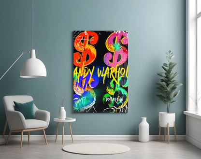 Neon Dollar Signs Grid Black Glass Wall Art