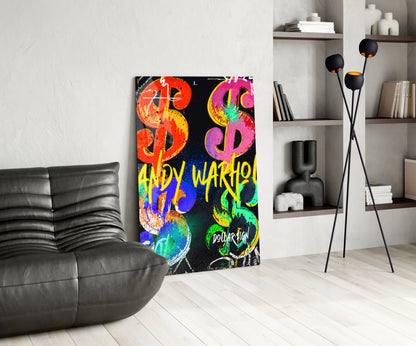 Neon Dollar Signs Grid Black Glass Wall Art