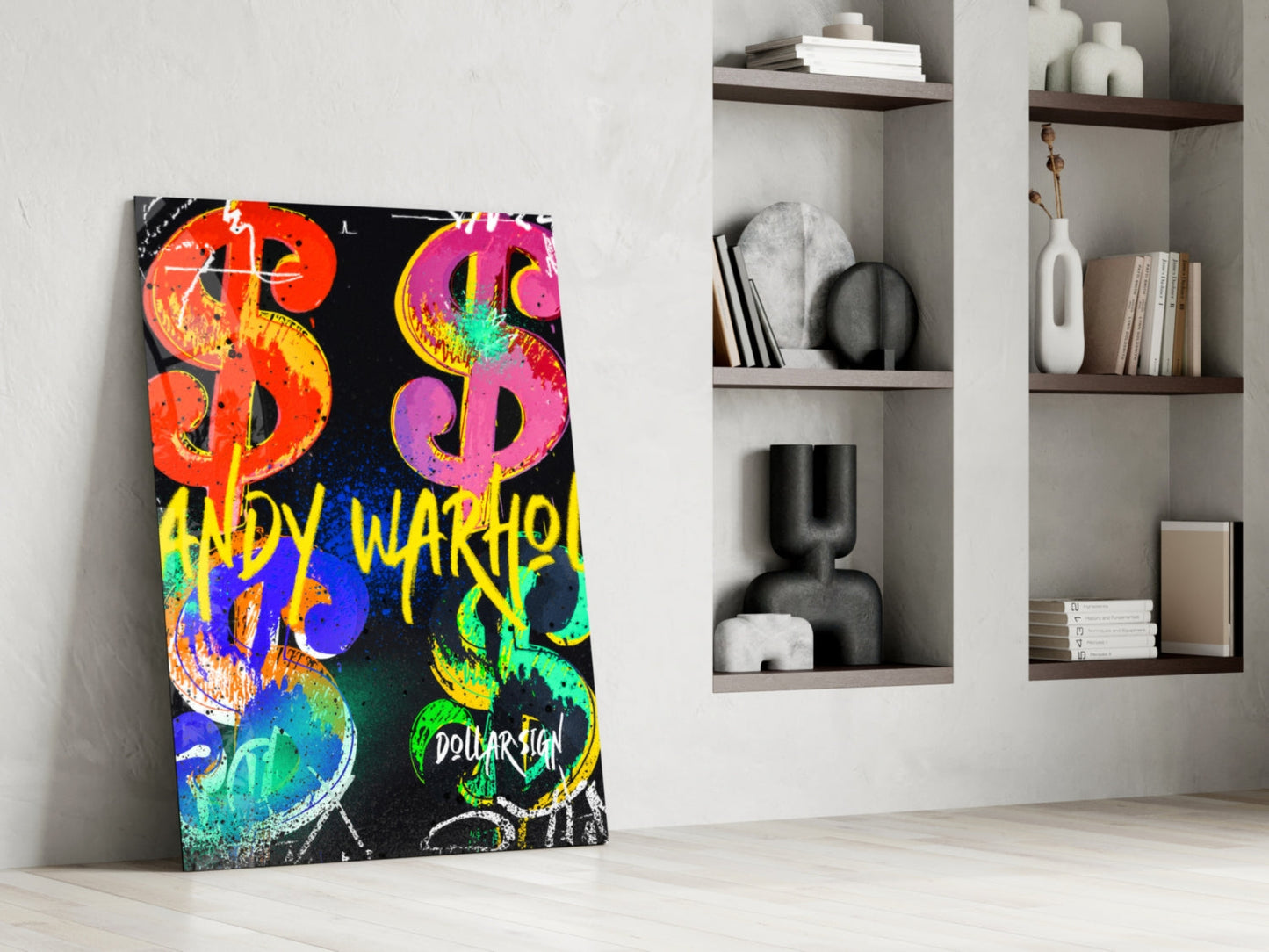 Neon Dollar Signs Grid Black Glass Wall Art