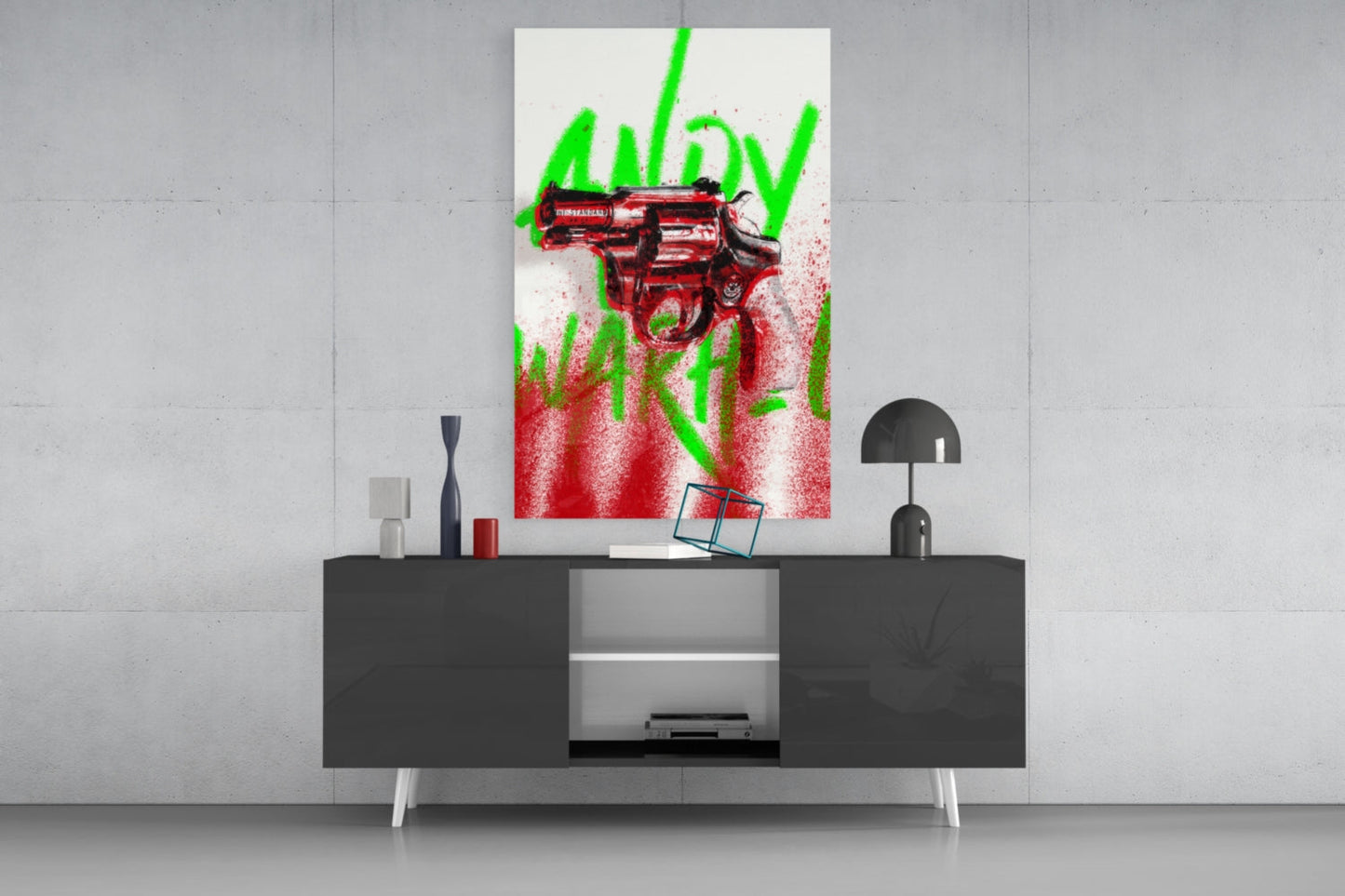 Pop Art Portrait with Gun Glass Wall Art || Designer Collection