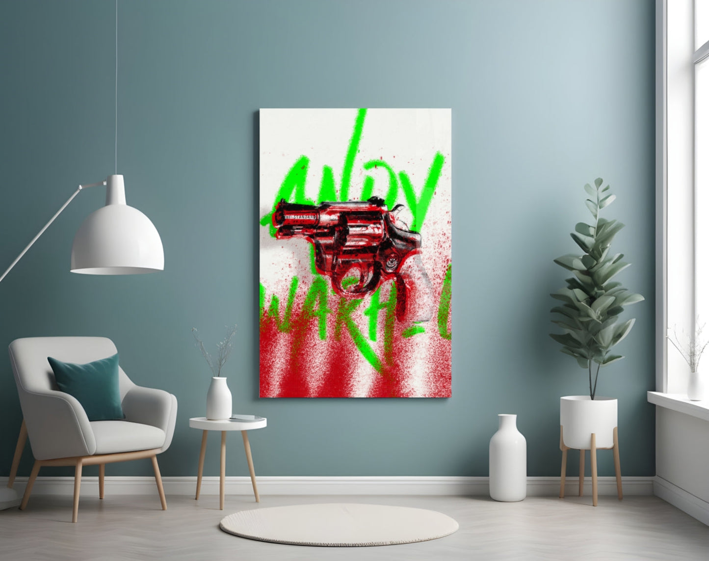 Pop Art Portrait with Gun Glass Wall Art || Designer Collection